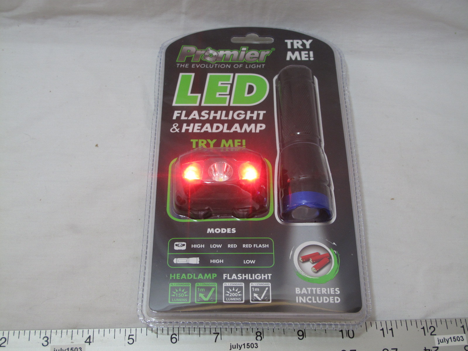 NEW 2-pc Promier Flashlight + Head Lamp Set High Low Red Steady Flashing