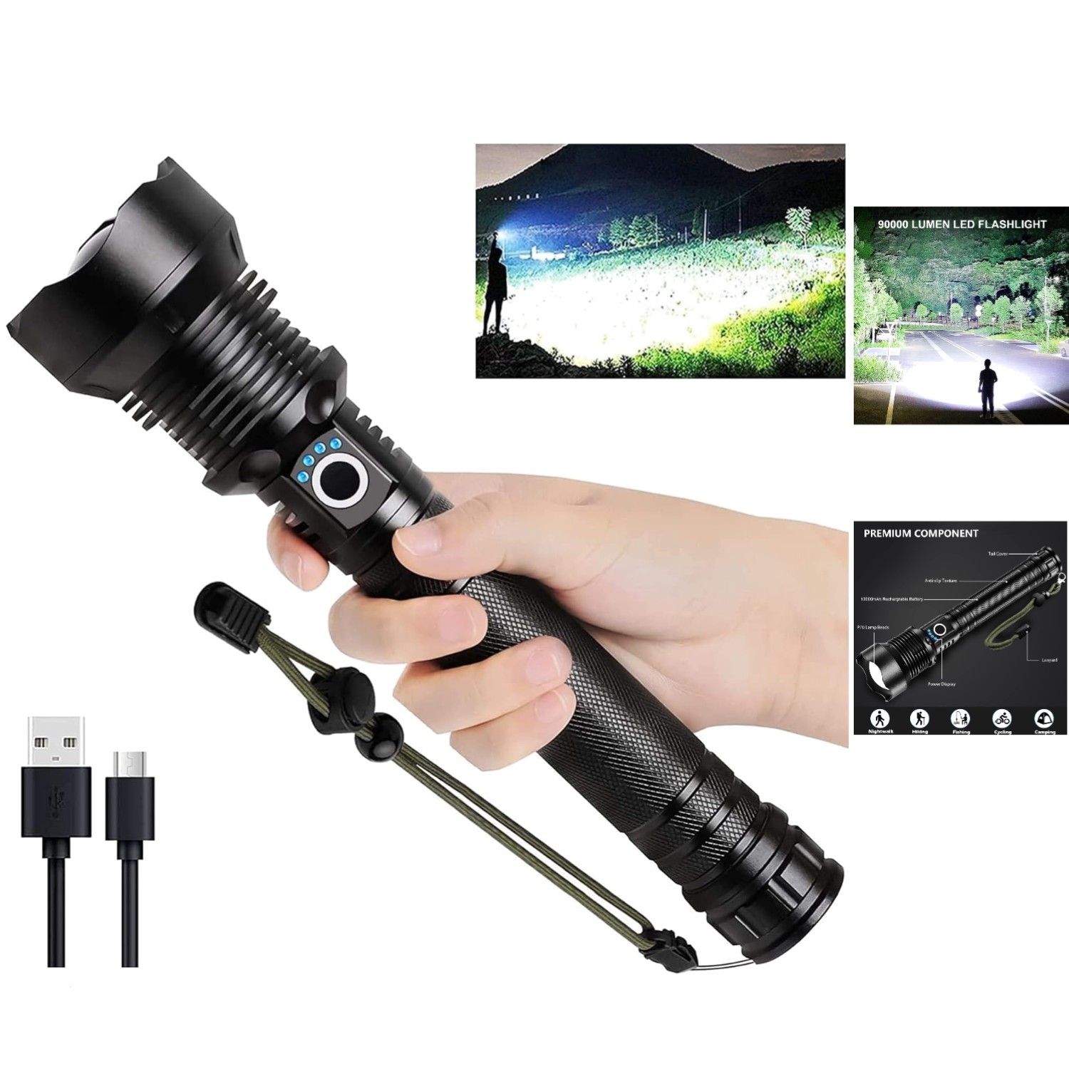 90,000 Lumens Rechargeable LED Flashlight – Waterproof & 5 Modes for Emergencies