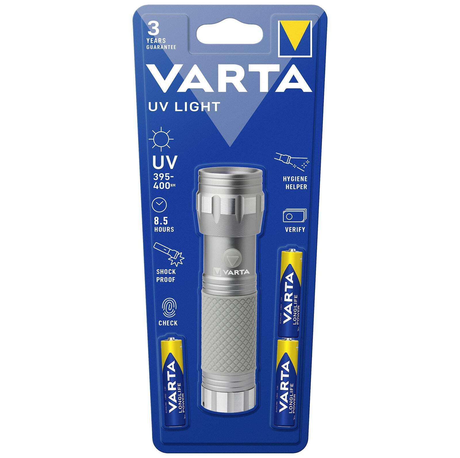 VARTA UV LED Torch Aluminium 395-400nm Incl. 3x AAA Batteries