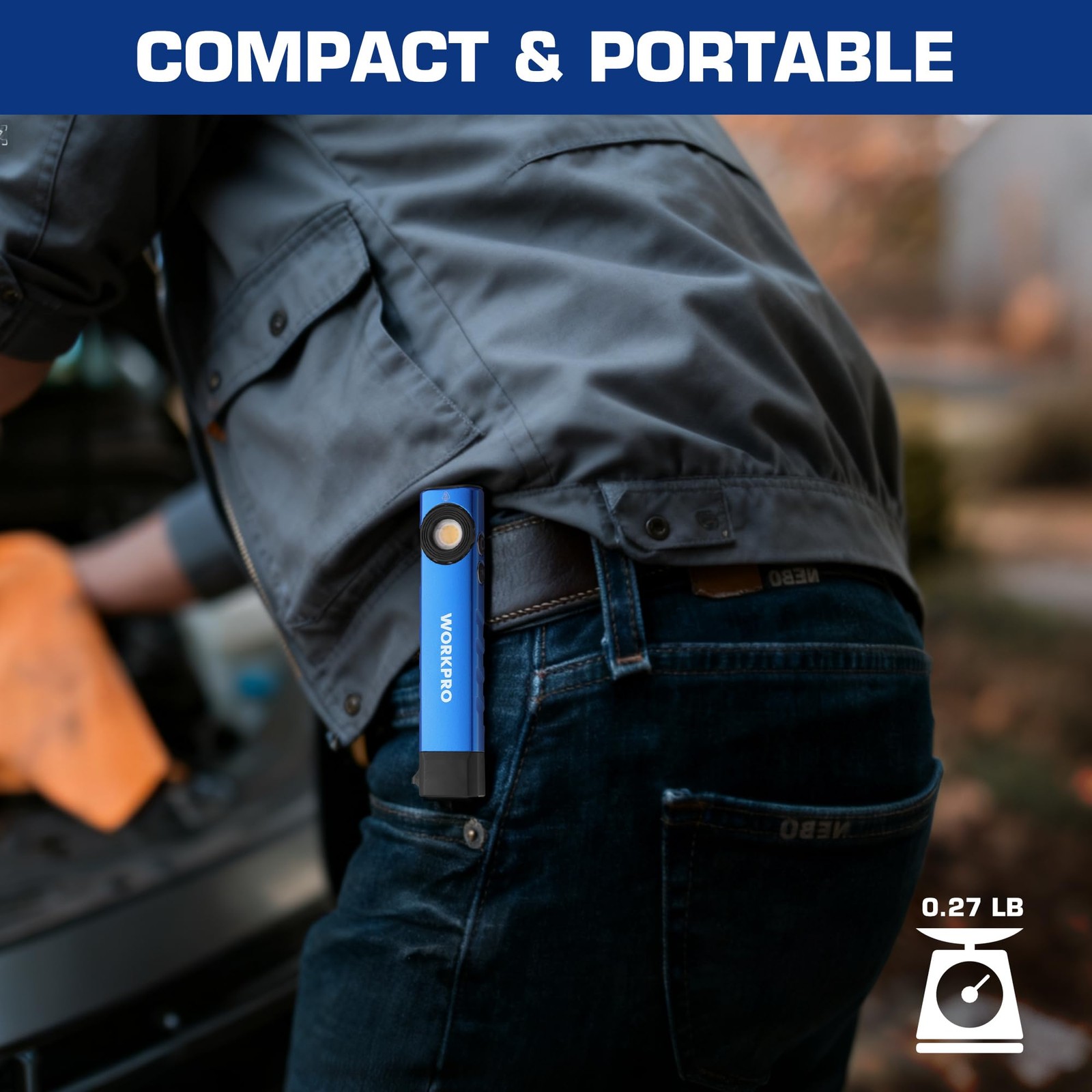 WORKPRO Rechargeable Work Light, 600 Lumens Flat Pocket Flashlight with Blue