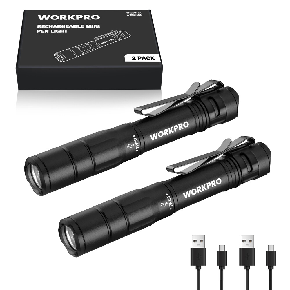 WORKPRO Rechargeable Pen Light, Mini Flashlight, 2 Pack Memory Function Black