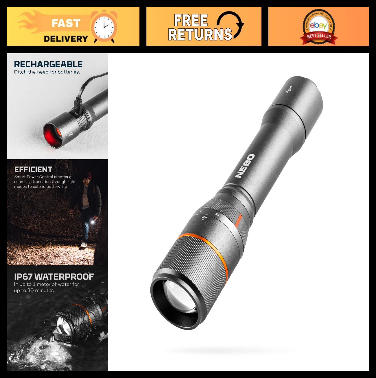 2000 Lumen LED Flashlight & Power Bank | USB Rechargeable, Waterproof, 4 Modes