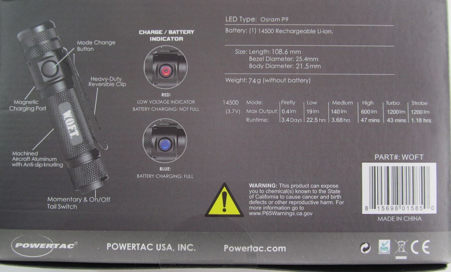 NEW POWERTAC WOFT TACTICAL EDC RECHARGEABLE LED FLASHLIGHT W.O.F.T. 1200 LUMENS