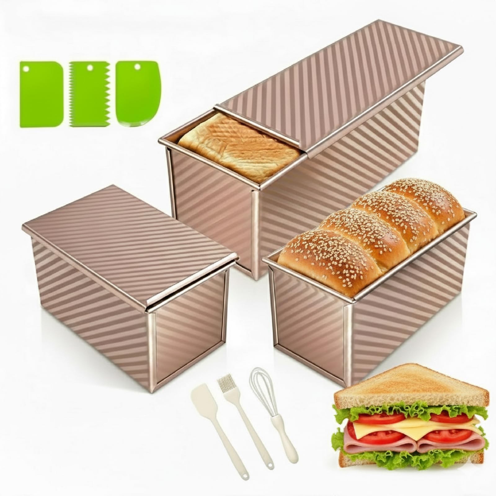 YIWSKJ 3-Pack Bread Pan with Lids, 1lb & 2.2lb Dough 2.2LB+1LB, Gold