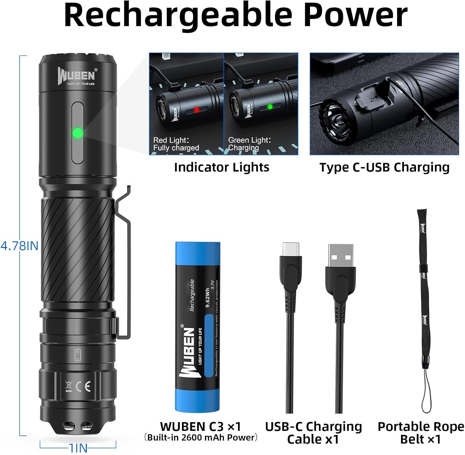 WUBEN C3 Rechargeable Flashlight 1200 High Lumens Super Bright, LED Tactical Fla