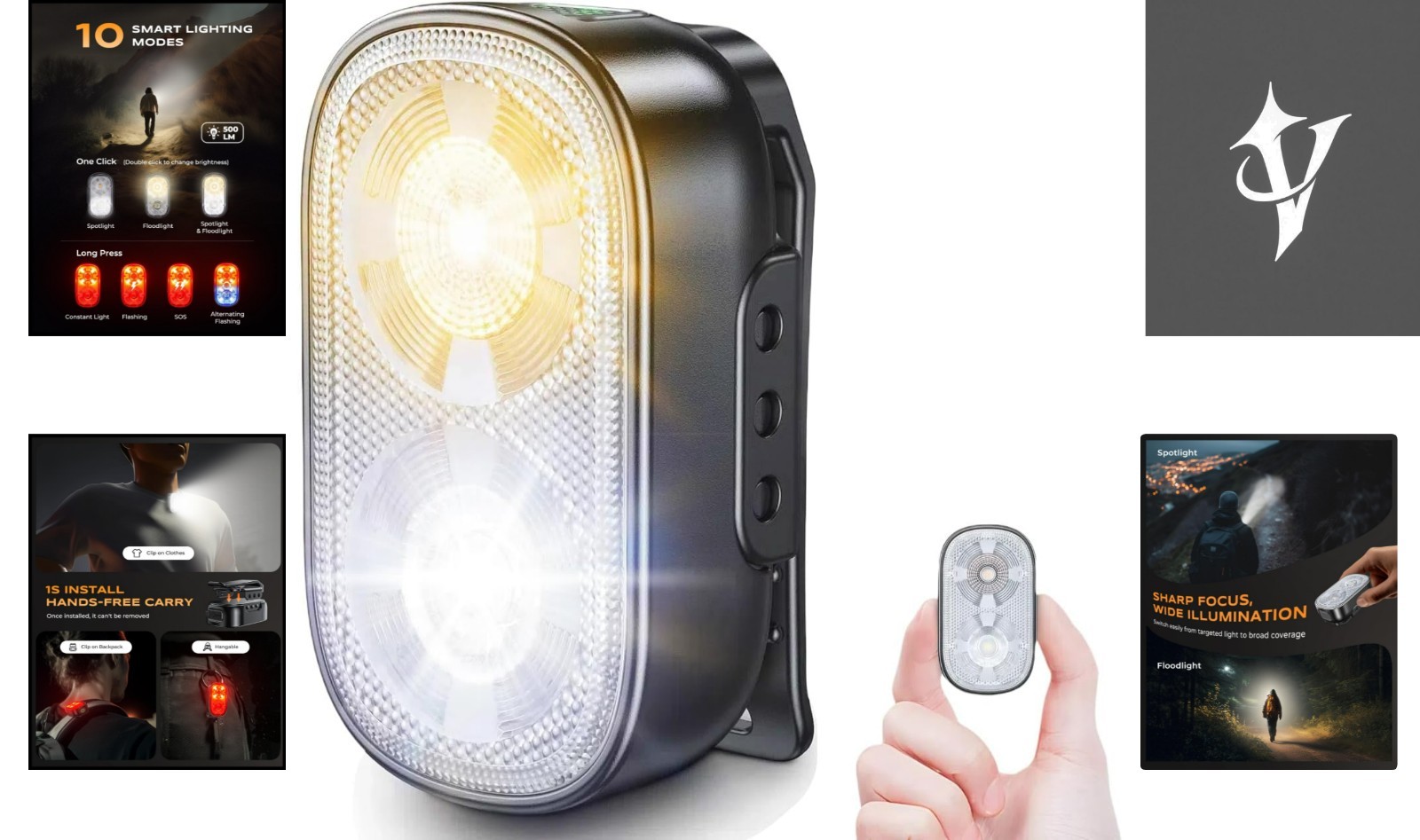 Hands-Free 500LM Clip-on LED Flashlight – 10 Light Modes & Waterproof Design