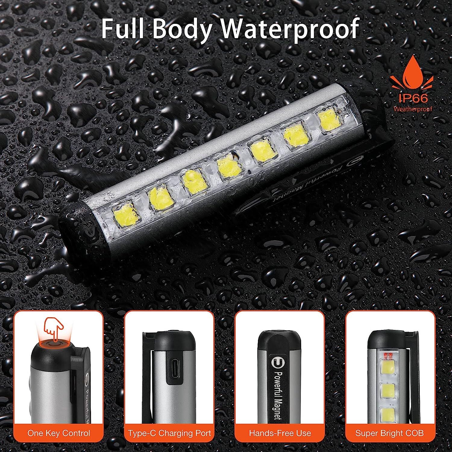 Portable COB LED Flashlight Magnet Clip USB Charging Waterproof Work Light
