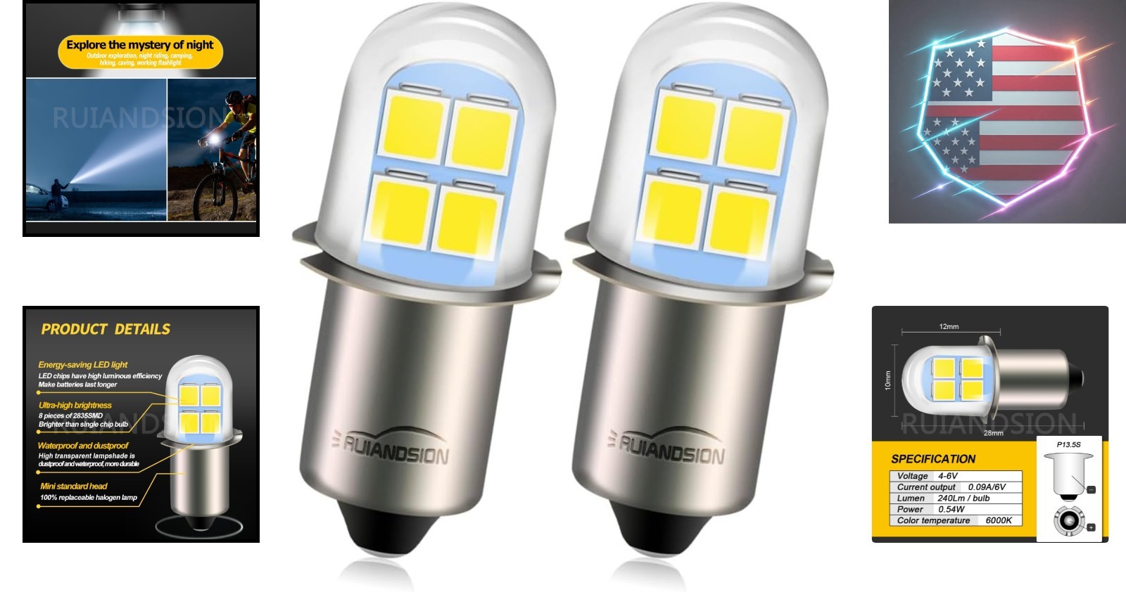 2pcs 4.5V 6V P13.5S LED Flashlight Replacement Bulb Torch Lamp White