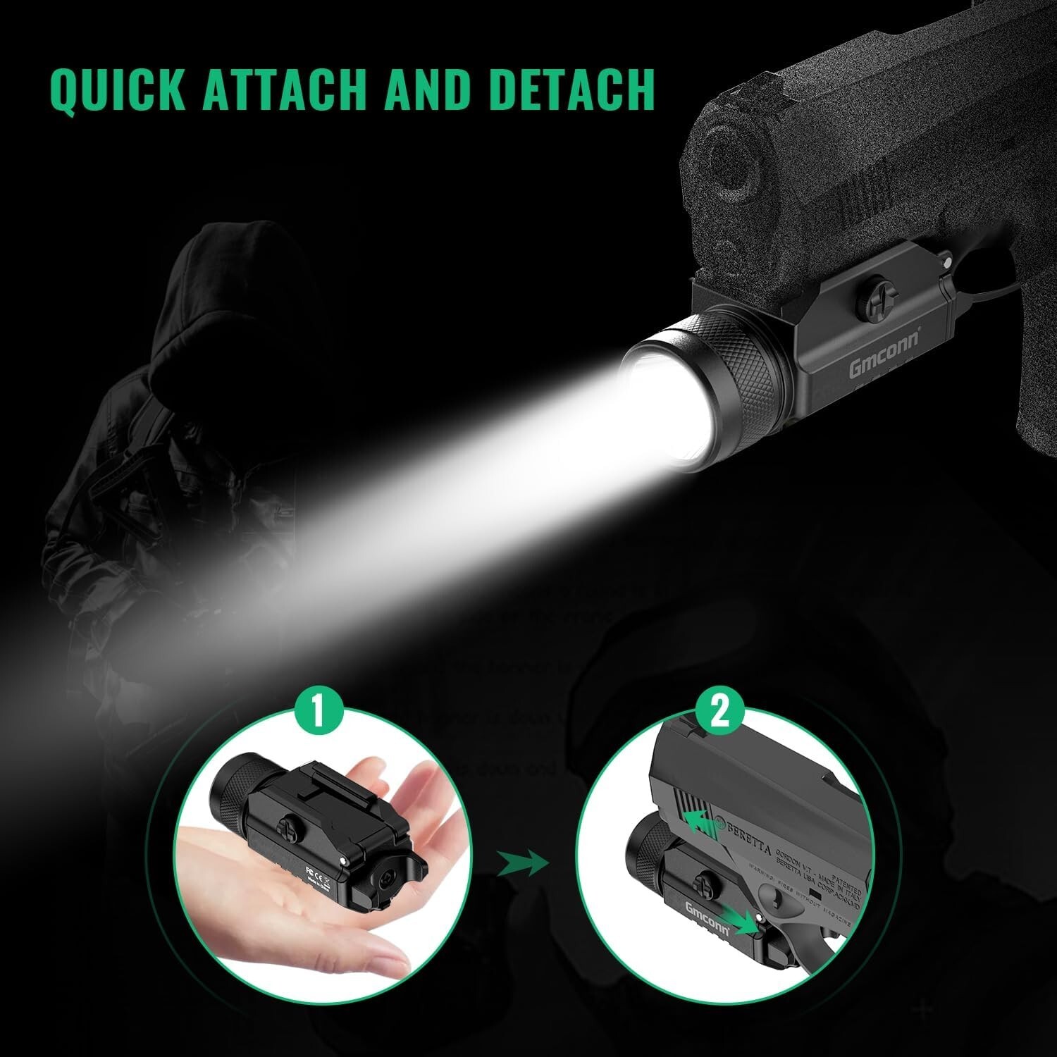 Gmconn 1200 Lumens Tactical Flashlight Pistol LED Strobe Light Picatinny Mounted