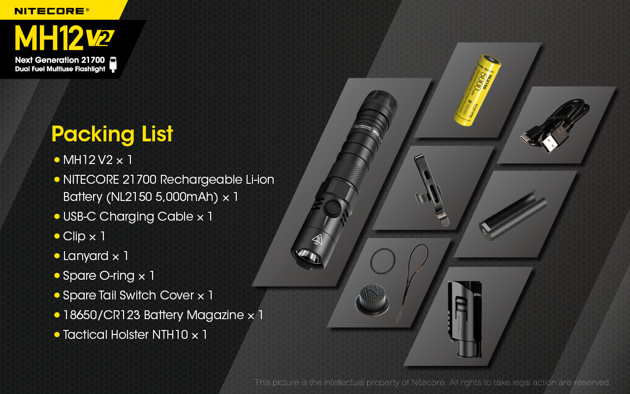 NiteCore MH12 V2 LED 1200 Lumens USB Rechargeable Flashlight Torch + Battery