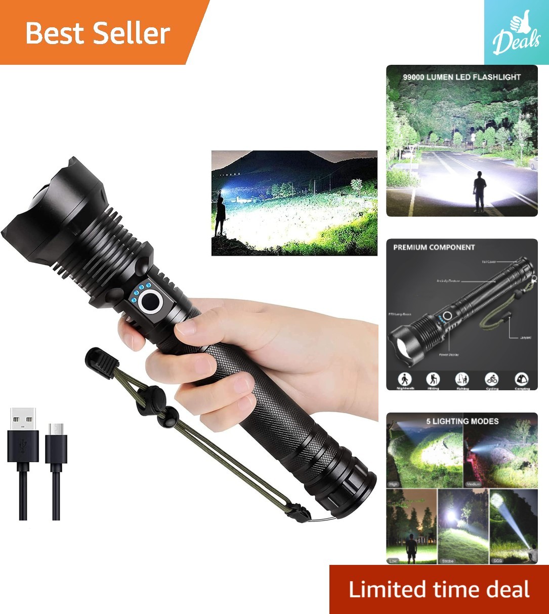 Compact Rechargeable Flashlight: 99,000 Lumens, Perfect for Hiking and Caving