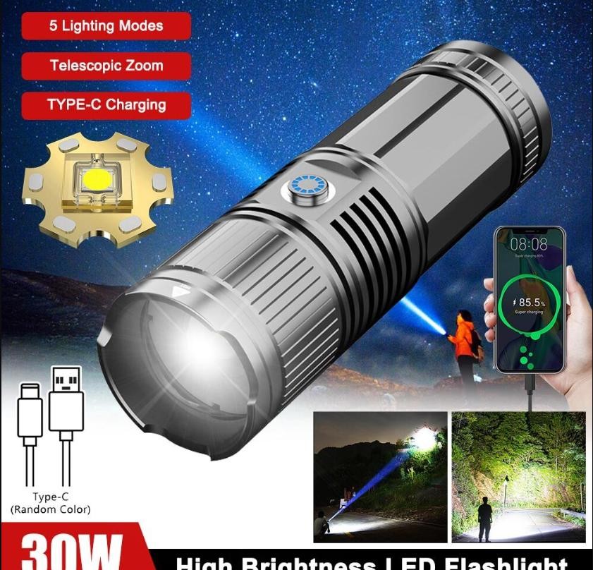 Strong LASER LEP Flashlight Torch Zoom USB Rechargeable 30W 30000LM White Light
