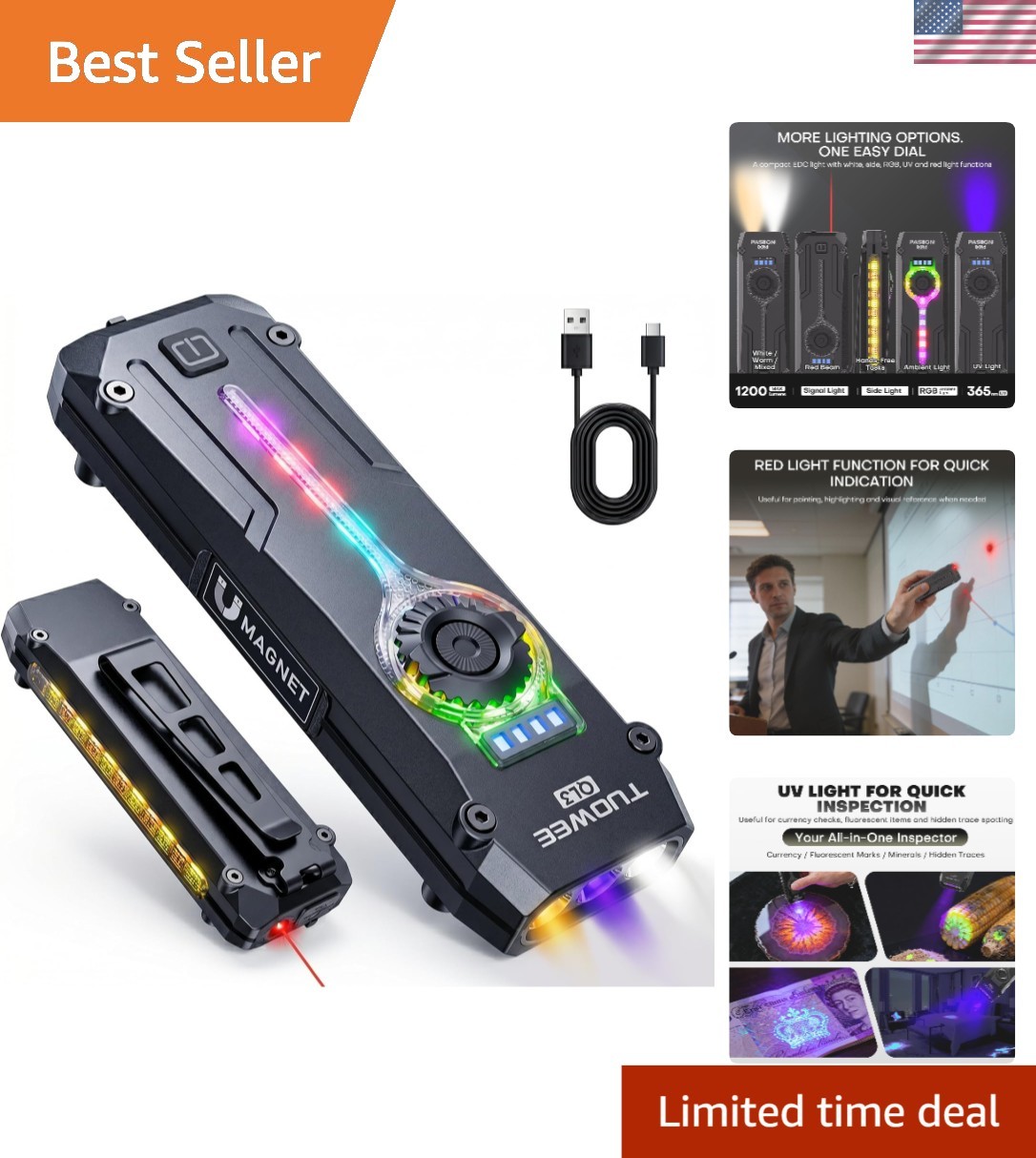 1200 Lumen Rechargeable EDC Flashlight with UV Light & Red Laser