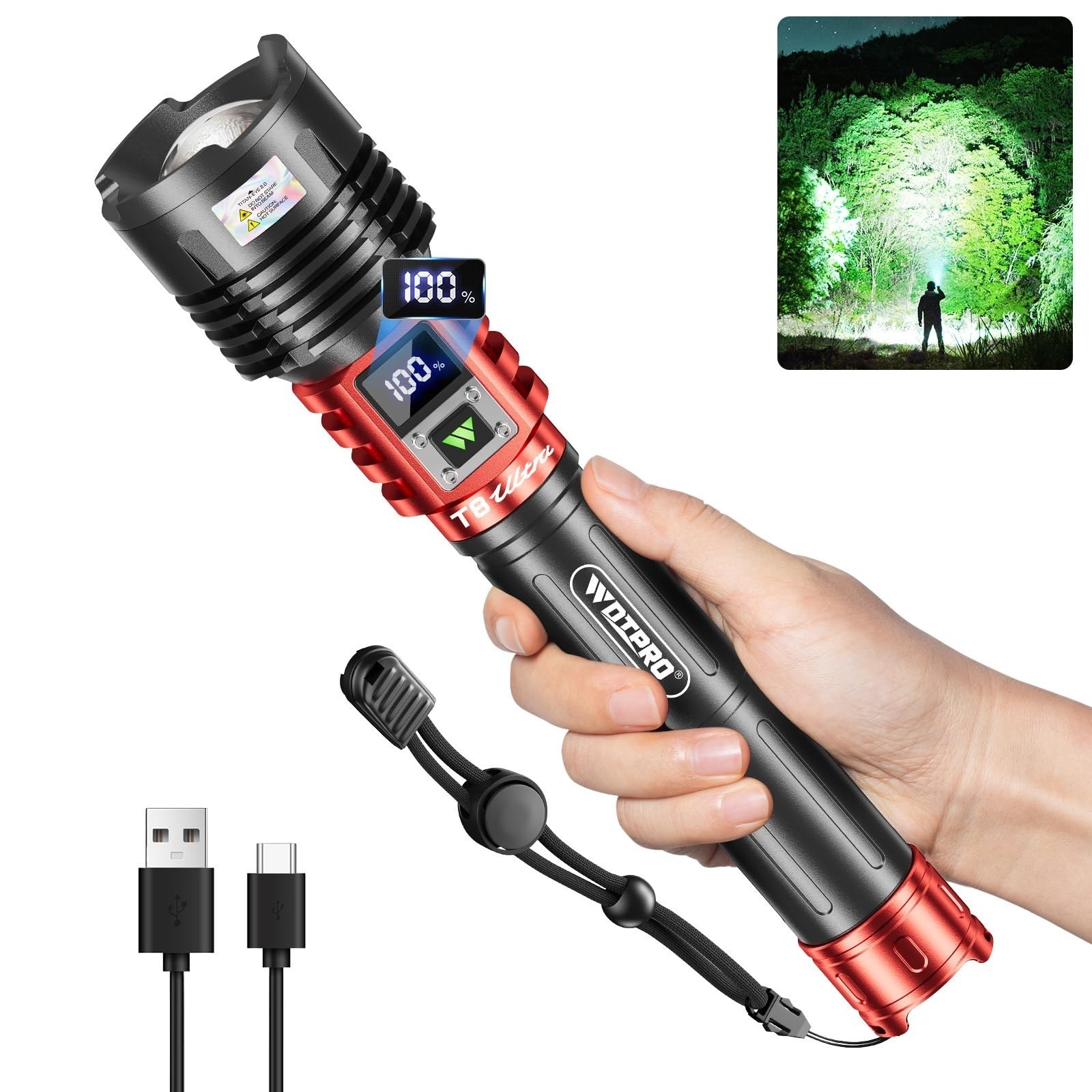 WdtPro Rechargeable LED Flashlight 90000LM Waterproof 5 Modes