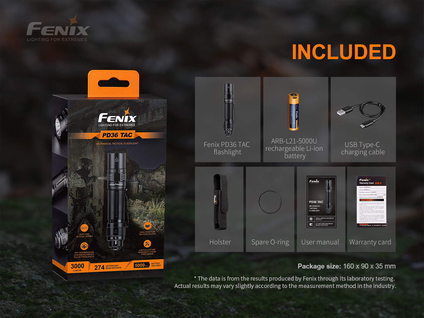 Fenix PD36 TAC 3000 Lumen Tactical Flashlight w/ 2x USB-C Rechargeable Batteries
