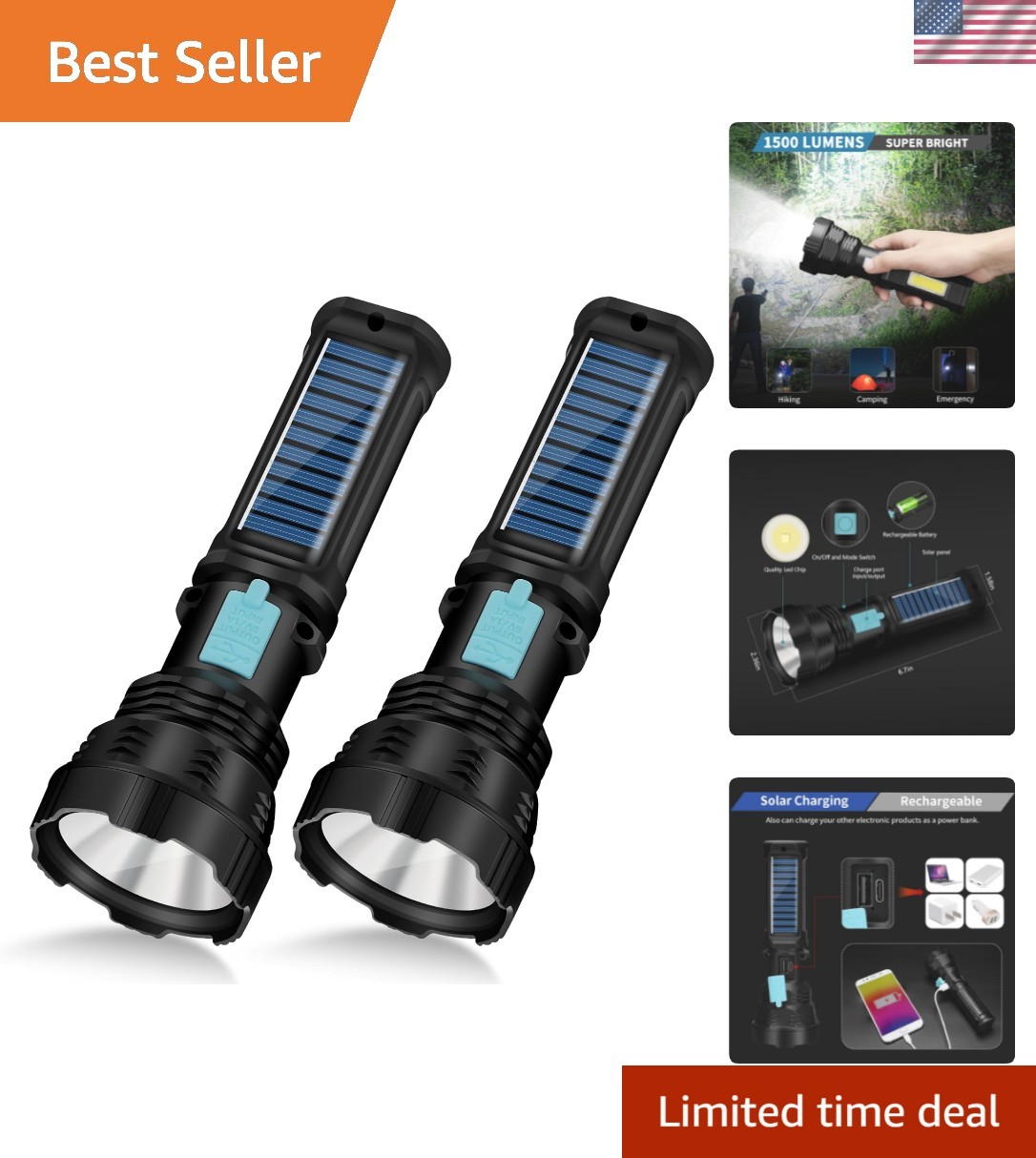 Led Solar Flashlight, 1500 Lumens Led Solar Handheld Rechargeable Flashlights…