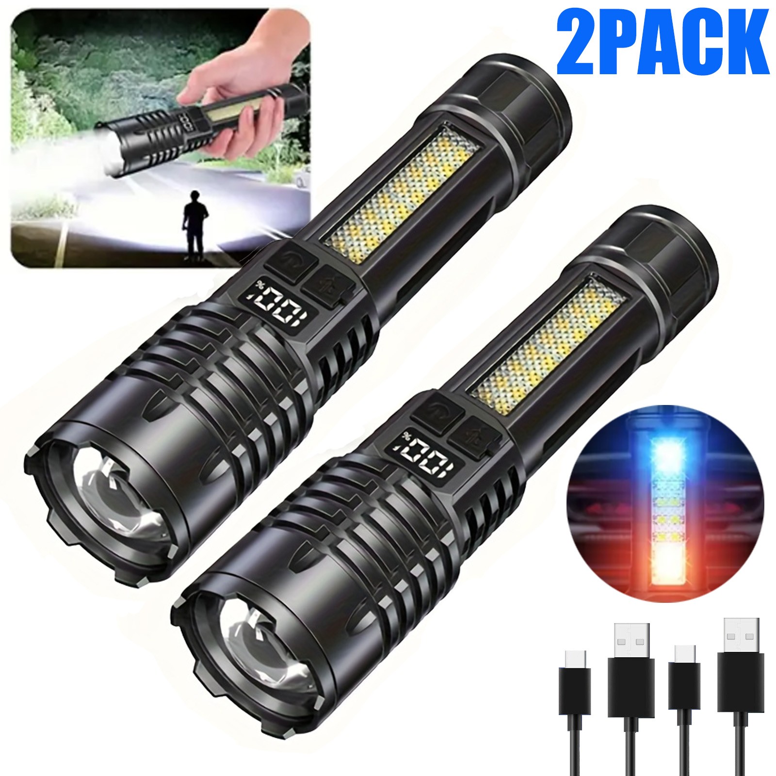 2PC Super Bright LED Flashlight Rechargeable COB Flashlights with Red Blue Light