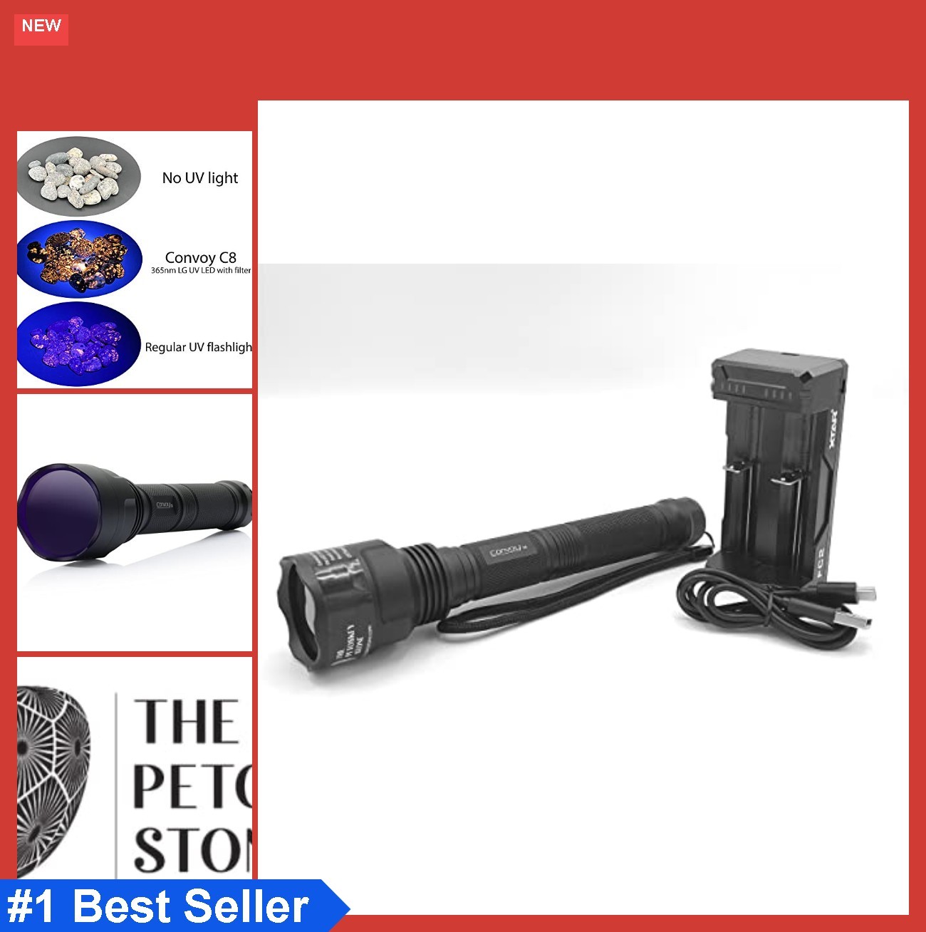 Handheld UV LED Flashlight 365nm Black Waterproof IP65 Charger Included