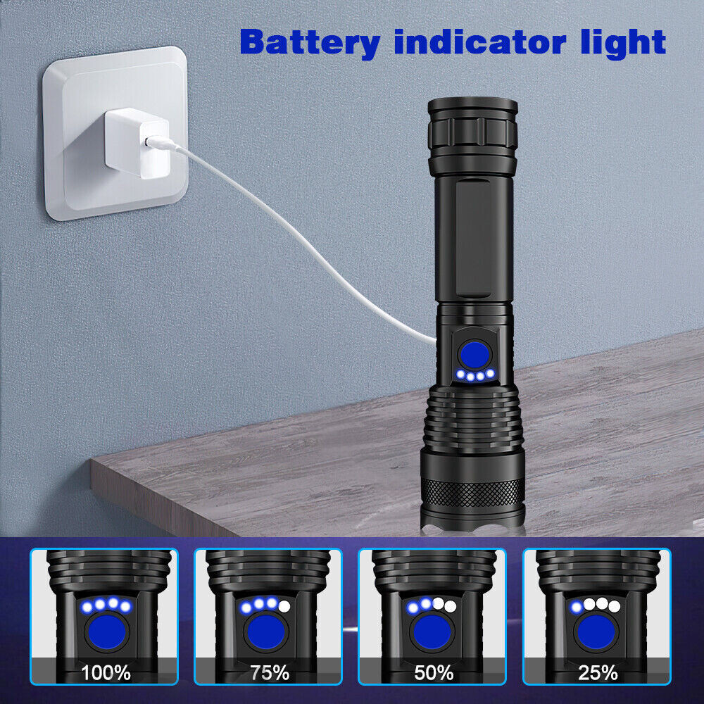 1200000LM LED Flashlight Tactical Light Super Bright Torch USB Rechargeable Lamp