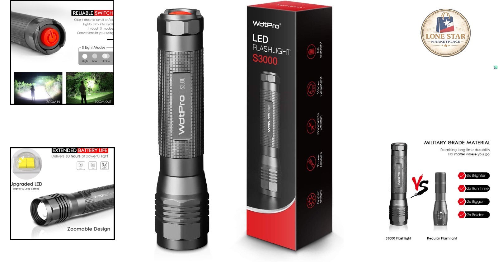 Durable & Bright S3000 Tactical Flashlight – 30 Hour Runtime, Zoomable Function