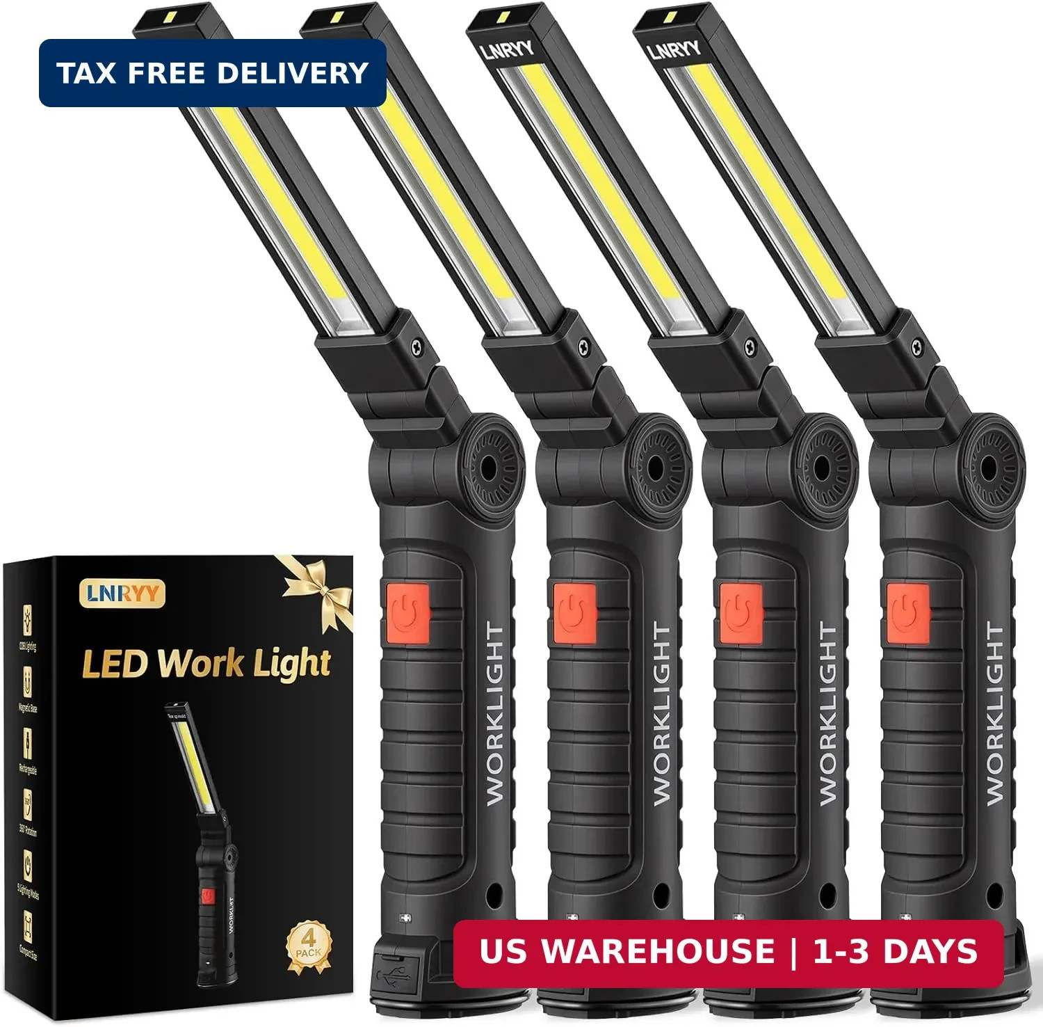 LNRYY 4Pack Rechargeable Magnetic LED Work Light/Flashlight for Mechanics | 360°