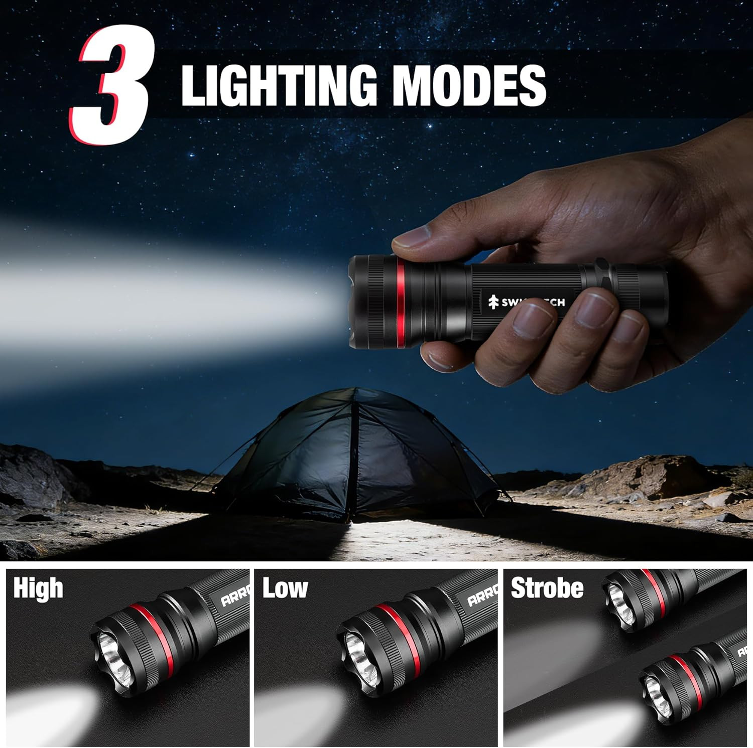 Arrow LED Flashlight 350 Lumens, Bright Flash Light with High/Low/Strobe Modes,