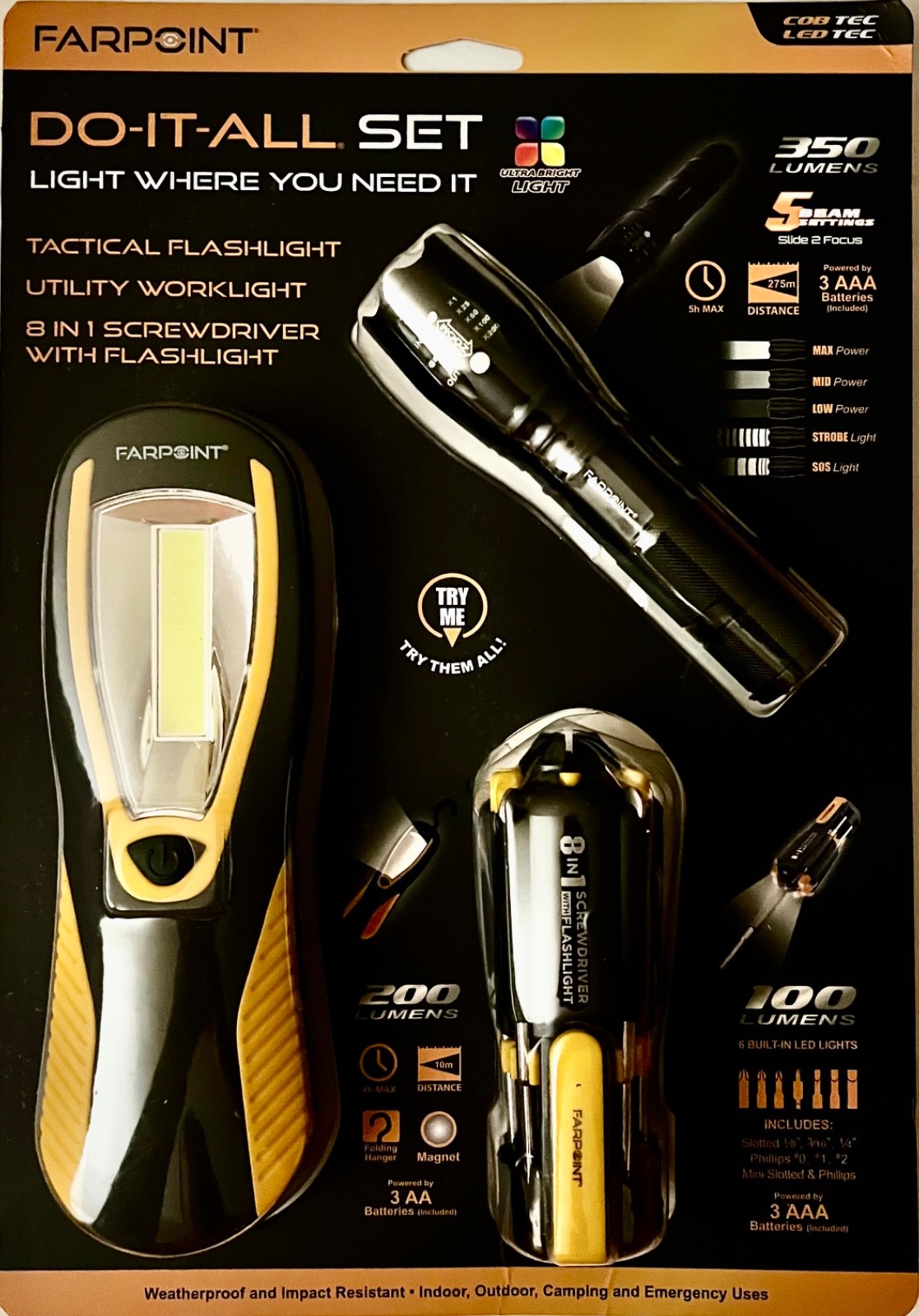 Do-It-All Set: 8 In 1 Screwdriver,Tactical Flashlight, Utility Worklight LED New