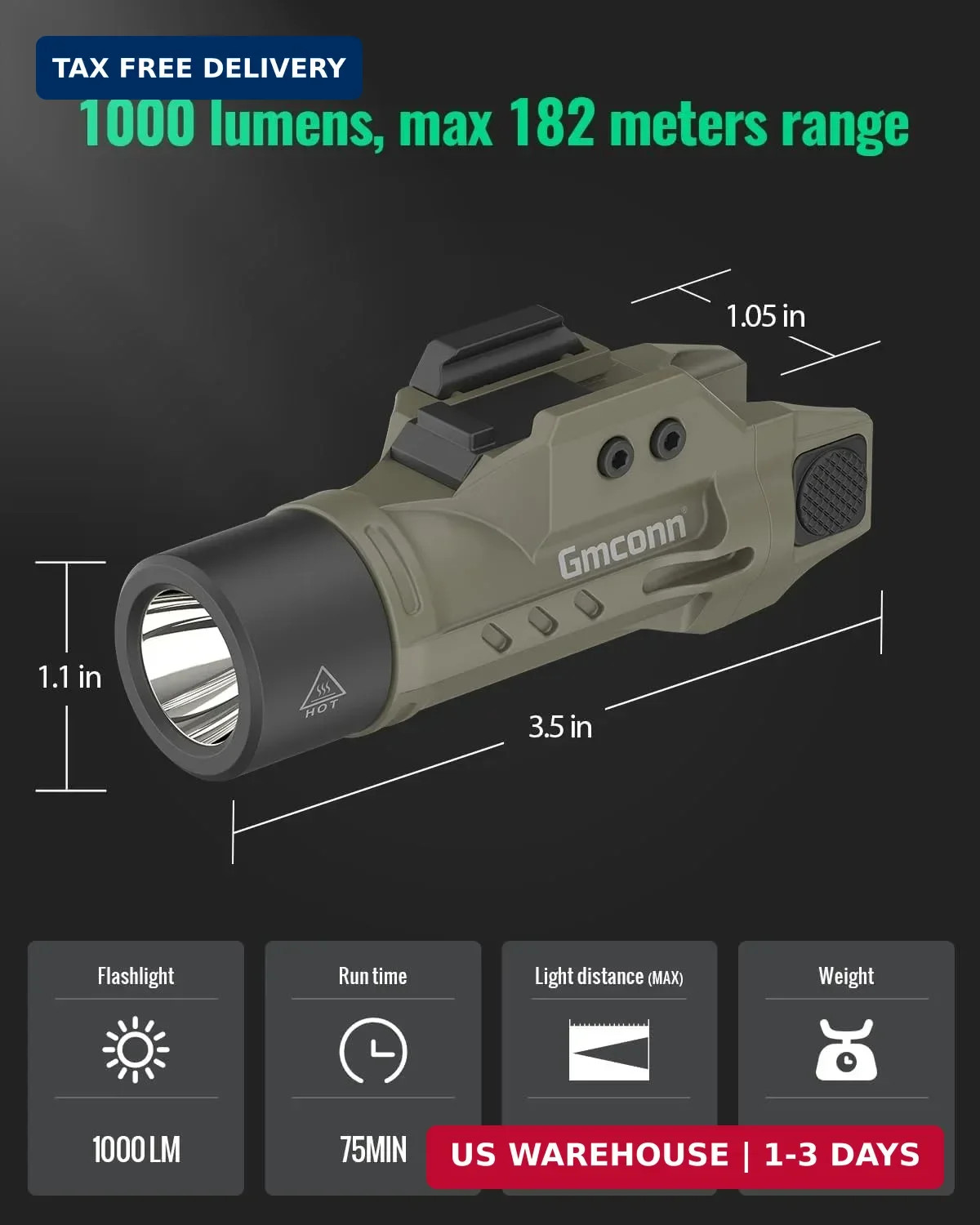 Gmconn 1000 Lumen Tactical Flashlight with Strobe/Momentary Function, Rechargeab