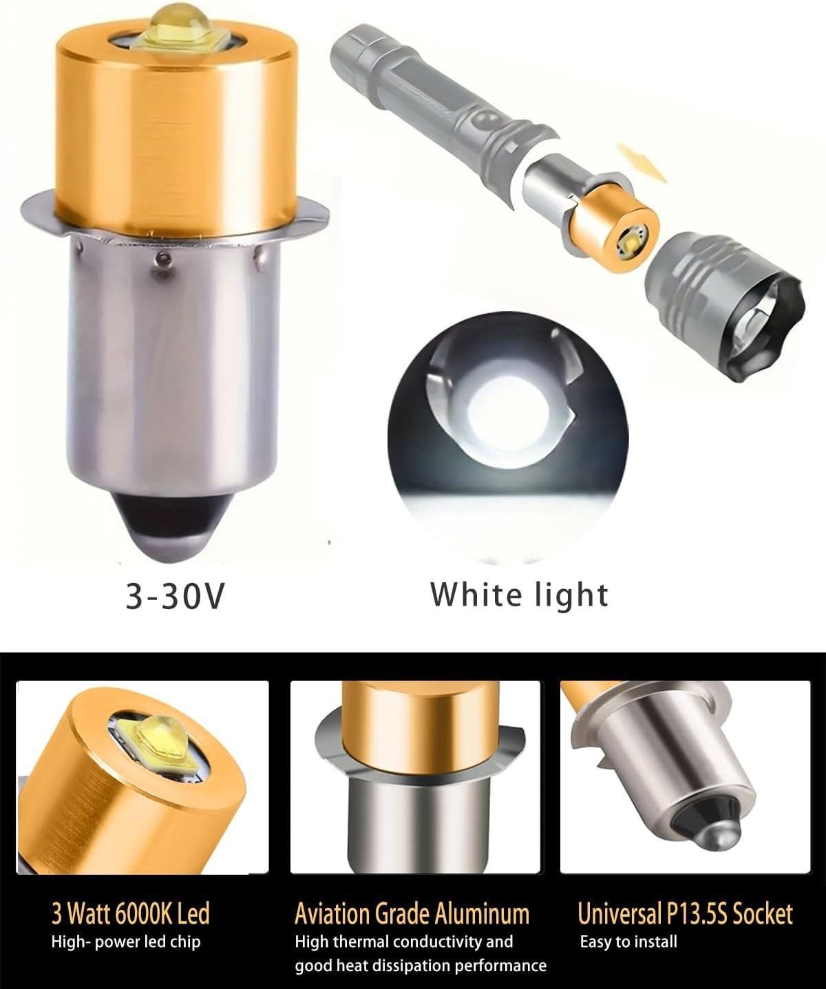 LED Maglight Bulb Replacement DC 3-30V for 3-16 C&D Cell 3W LED Flashlights, ..,