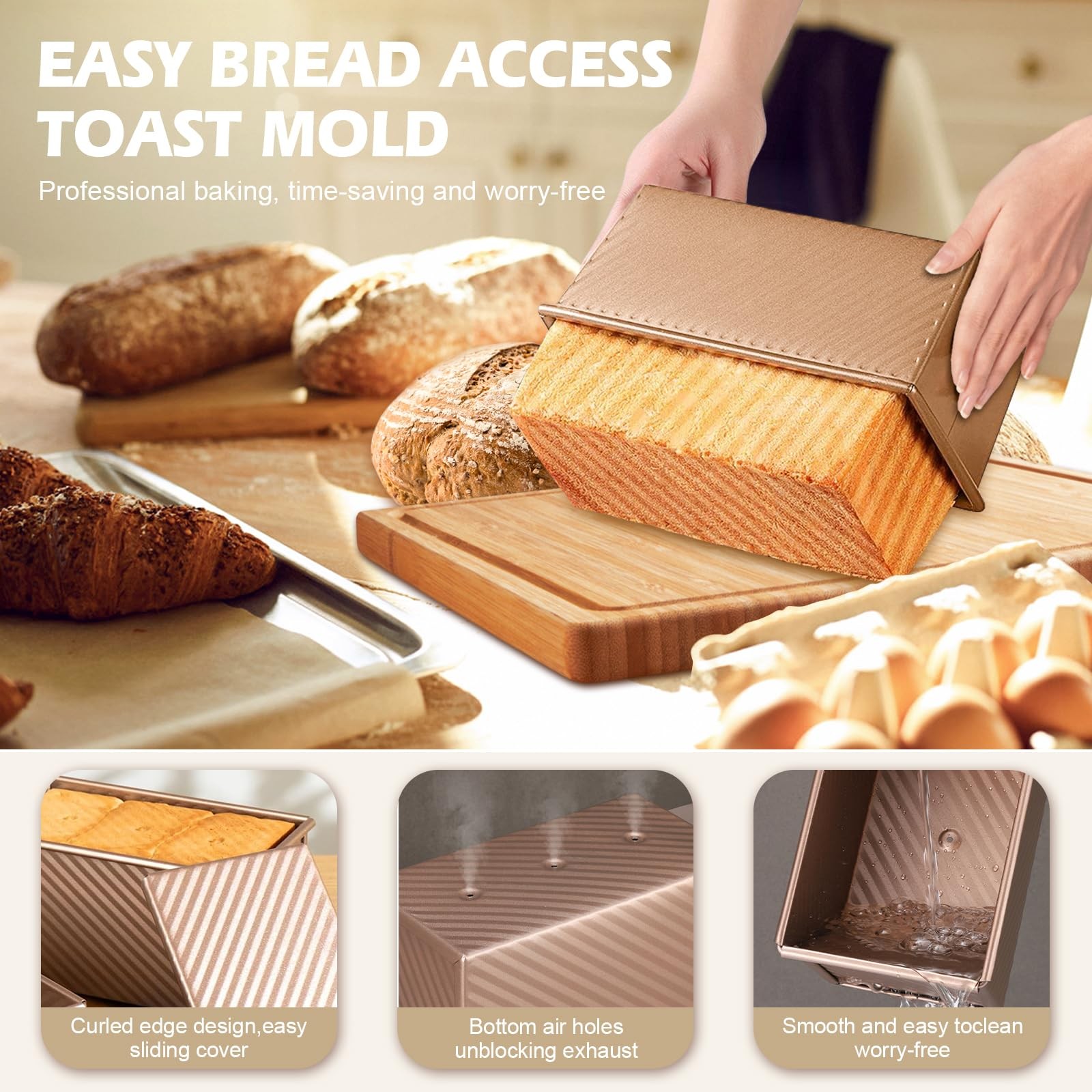 Dipanist 2Pack Pullman Loaf Pans with Lids 2.2LB & 1LB (2-Pack), Gold & Black