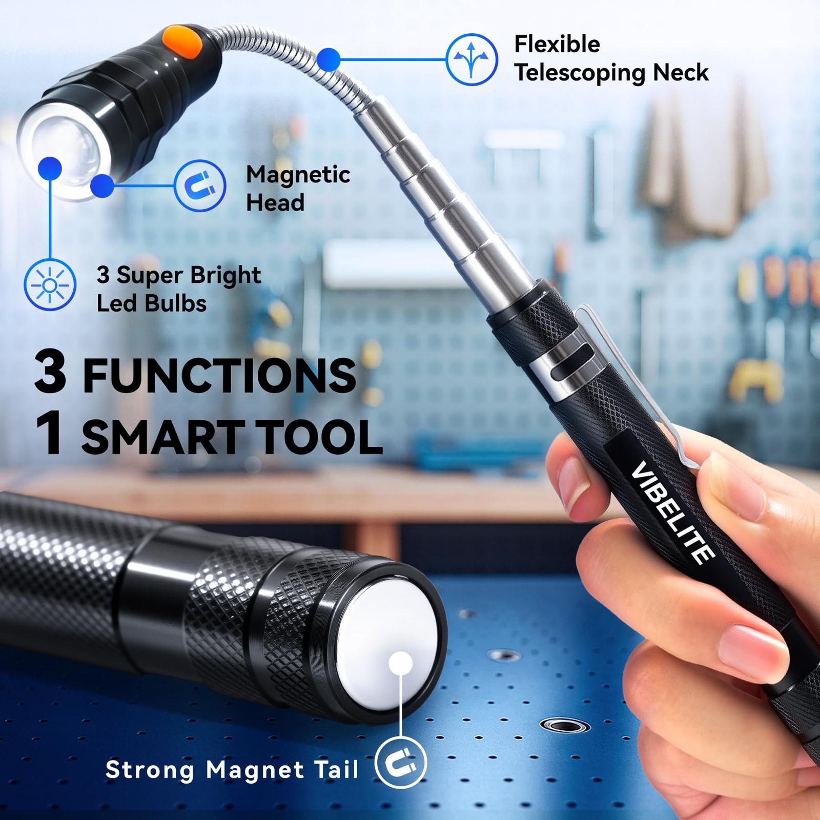 VIBELITE Extendable Magnetic Flashlight with Telescoping Magnet 1Pack, Black
