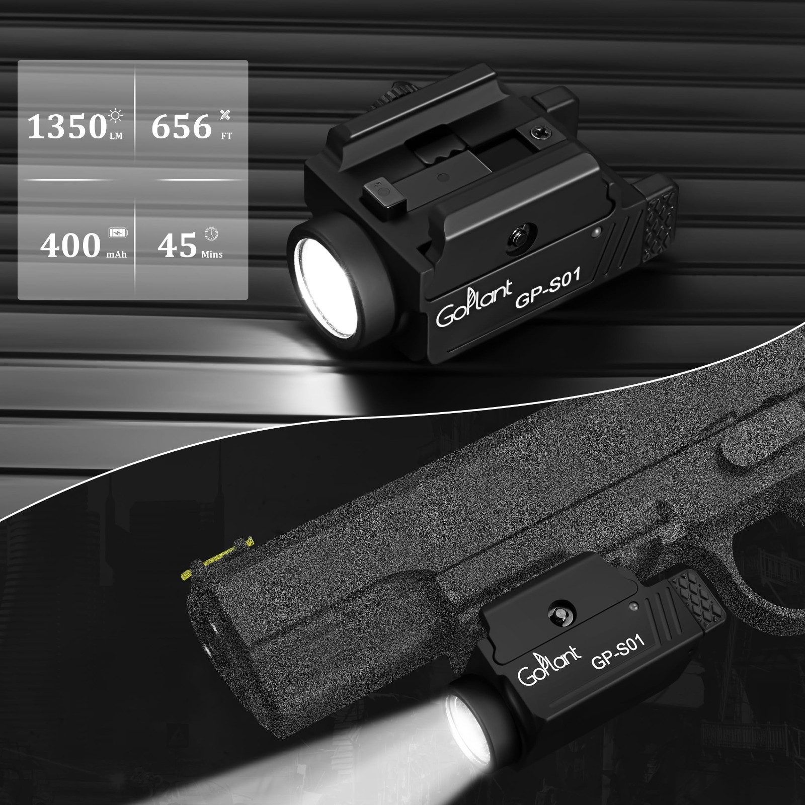 1350 Lumens LED Compact Weapon Light, Rail-Mounted Handgun Flashlight, Rechargea