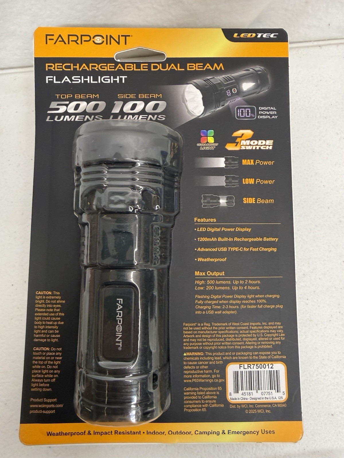 Rechargeable Dual Beam Flashlight 500 Lumen Digital Display Camping Gift for Dad