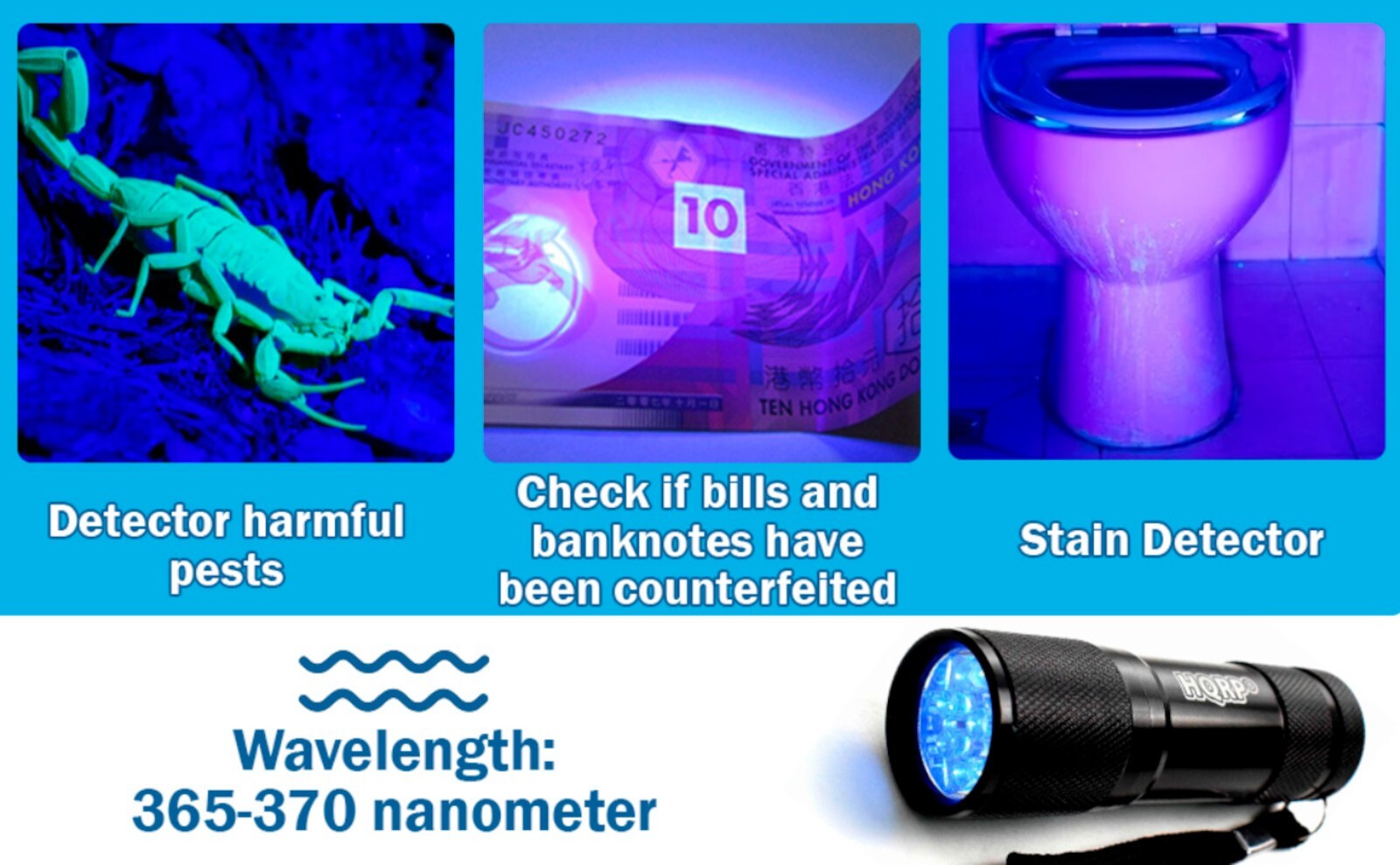Professional 365 nM 9 UV LED Ultraviolet Rocks / Stones Illumination Flashlight