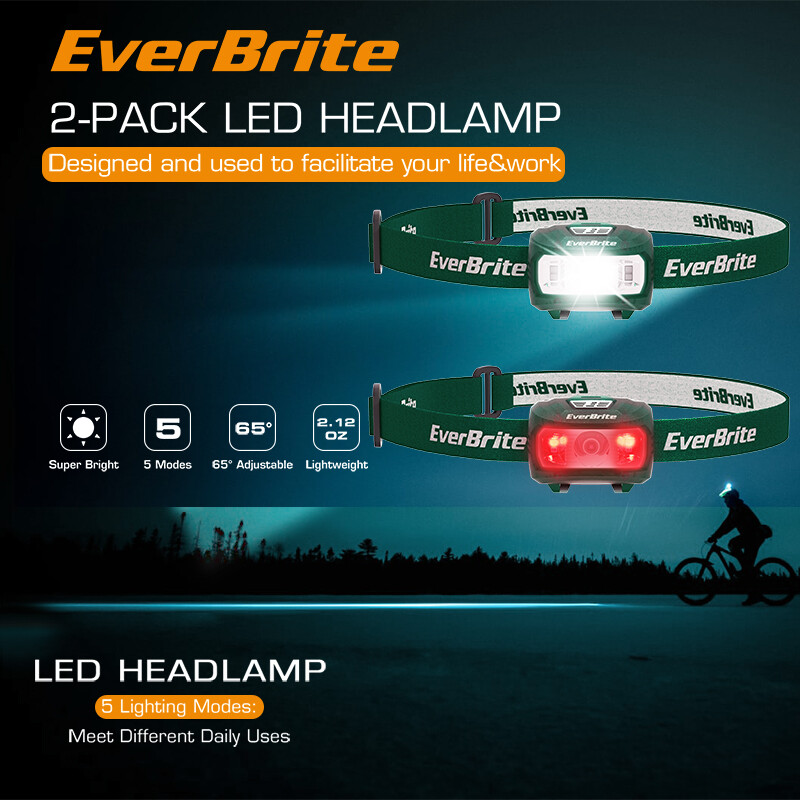 EverBrite 2-PACK LED Headlamp 5 Lighting Modes Flashlight Super Bright Head Lamp