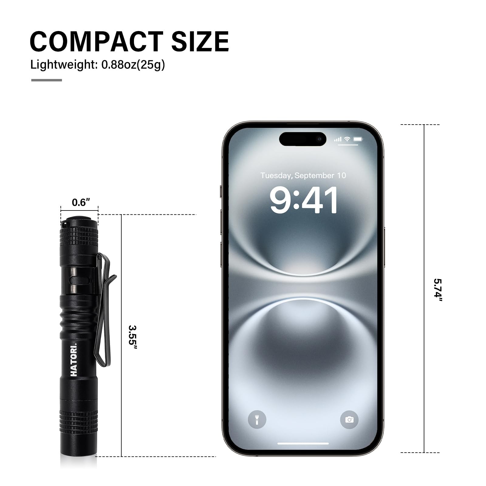 HATORI LED Mini Flashlight, Bright Small 1 Pack(3.55Inch Black), Black
