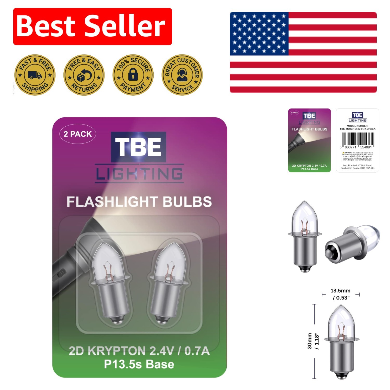 Pack of 2 P13.5 Krypton Bulbs – Bright & Long-Lasting for Flashlights