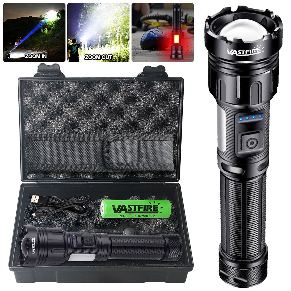 2Pack COB LED Flashlight USB Rechargeable Zoomable White & Red Light for Camping