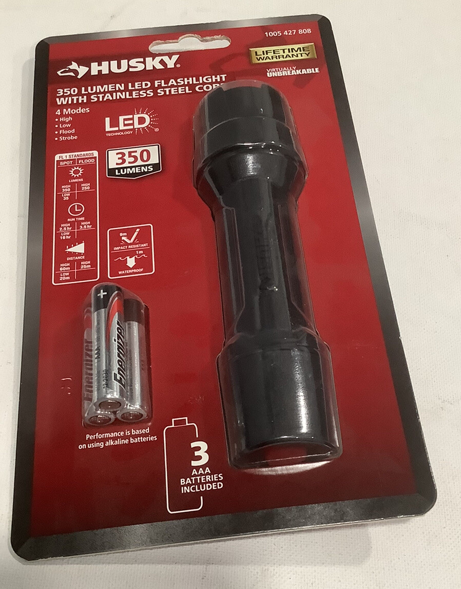 Husky 350 Lumens Tough Stainless Steel Core LED Flashlight – New
