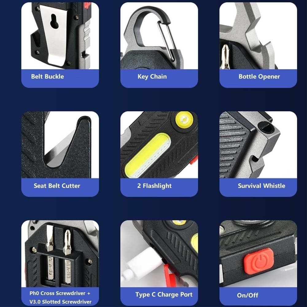 Multifunctional Flashlight 7 In1 Cob Keychain Bright Work Light Rechargeable