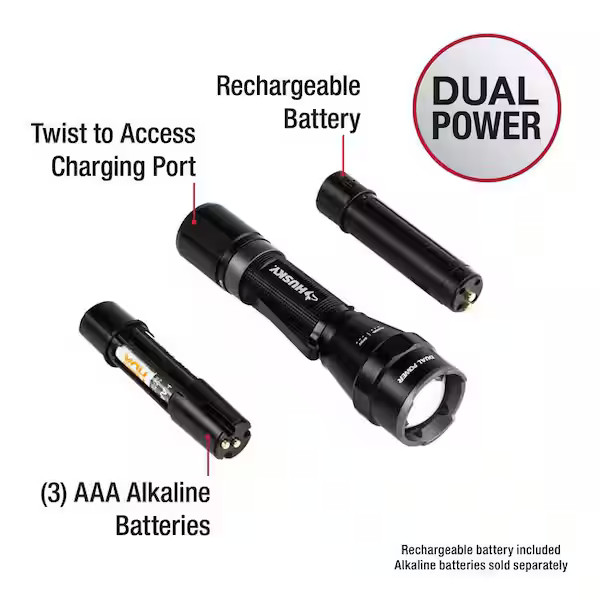 Husky 1800 Lumens Dual Power LED Rechargeable Lithium Ion Focusing Flashlight