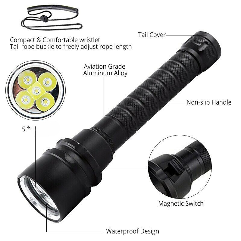 Bright 80000LM 5*LED Diving Flashlights Tactical Torch Underwater 200M