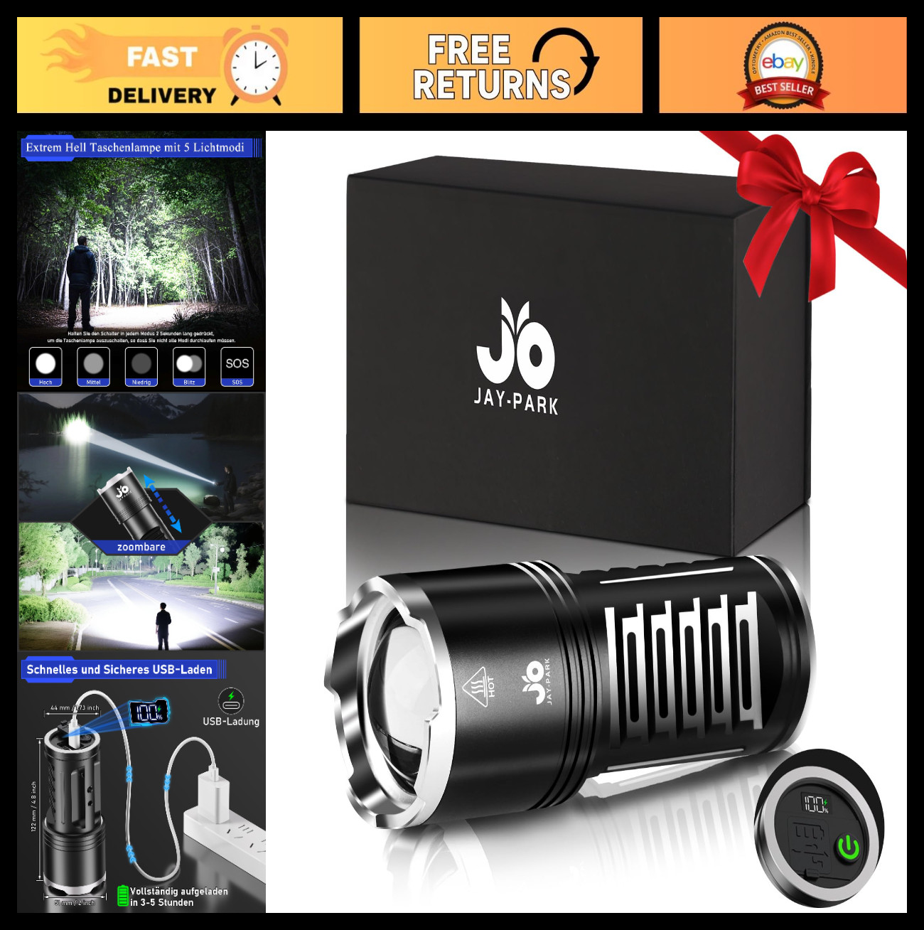 High Lumens LED Flashlight 100000 Rechargeable 10800mAh, LCD Display, 5 Modes, Z