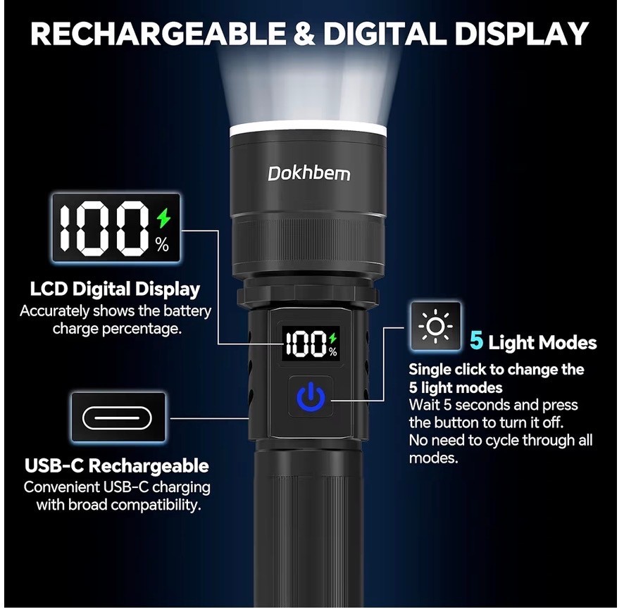 Tactical LED Flashlight 90000 High Lumens LCD Digital Display Waterproof Recharg