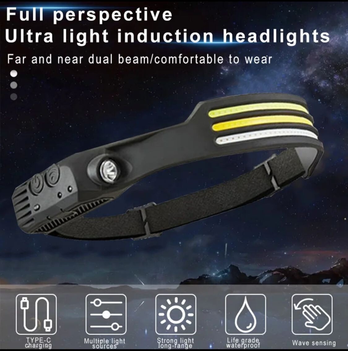 Induction Headlamp Flashlight USB Rechargeable COB LED Sensor Head Lamp Built-in