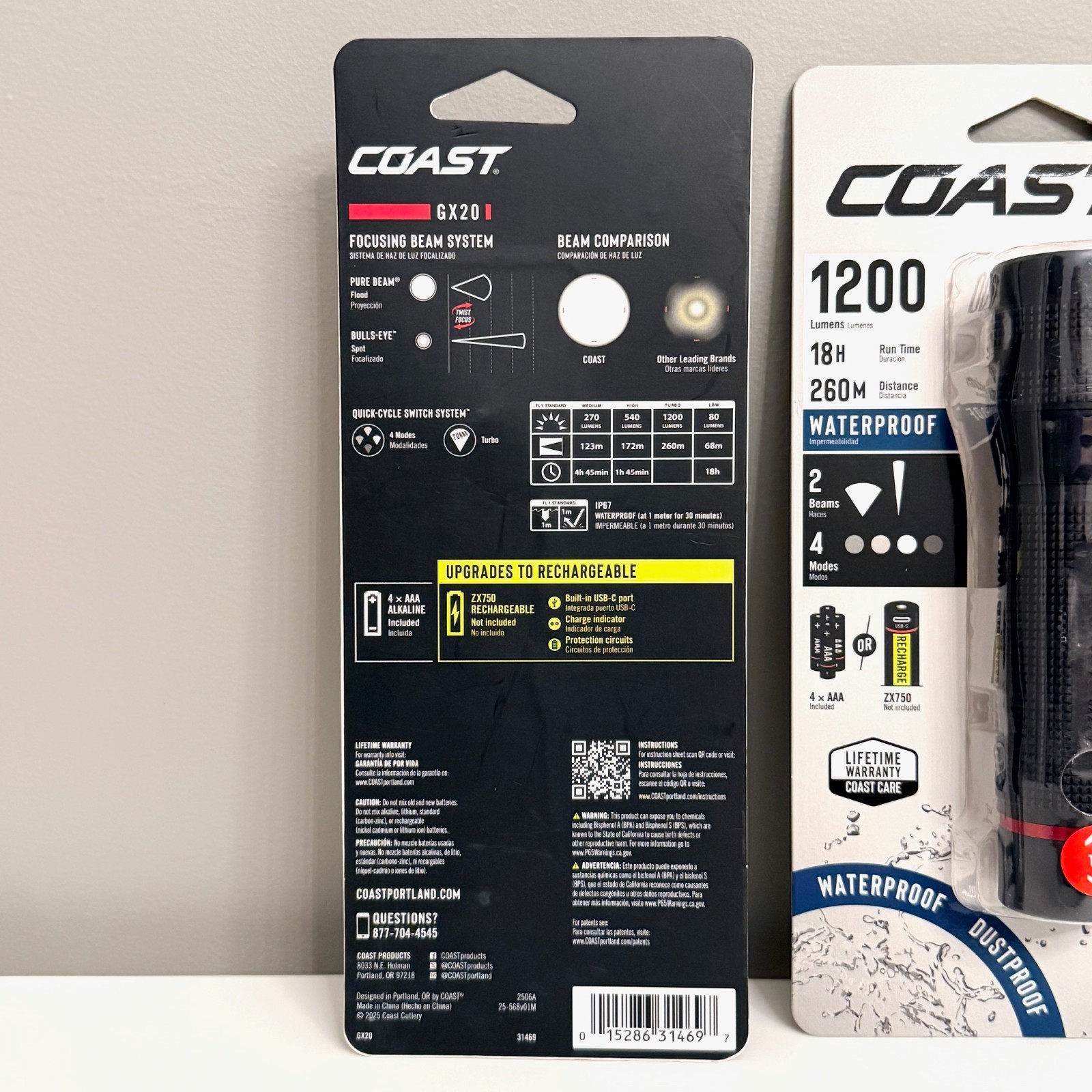 COAST GX20 WATERPROOF 1200 LUMEN DUAL POWER LED RECHARGABLE FLASHLIGHTS LOT X2