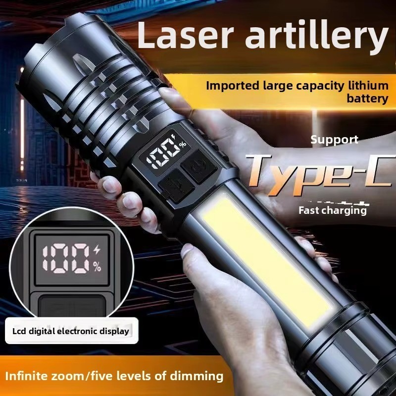 LED Flashlight Type-C Rechargeable Waterproof Torch with COB Side Light Zoom