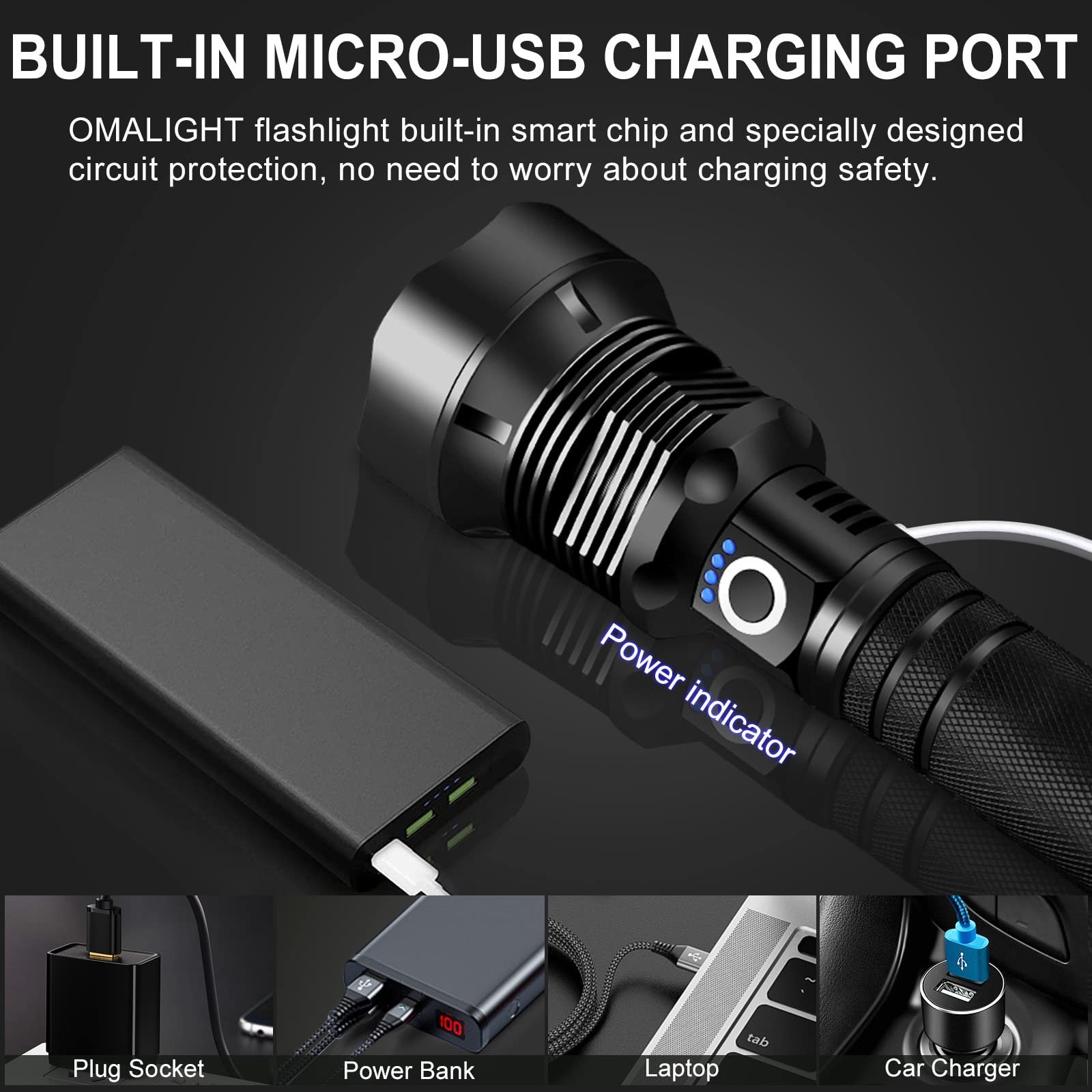 Flashlight 6000 mAh battery Type-C charging port, made of aluminum alloy