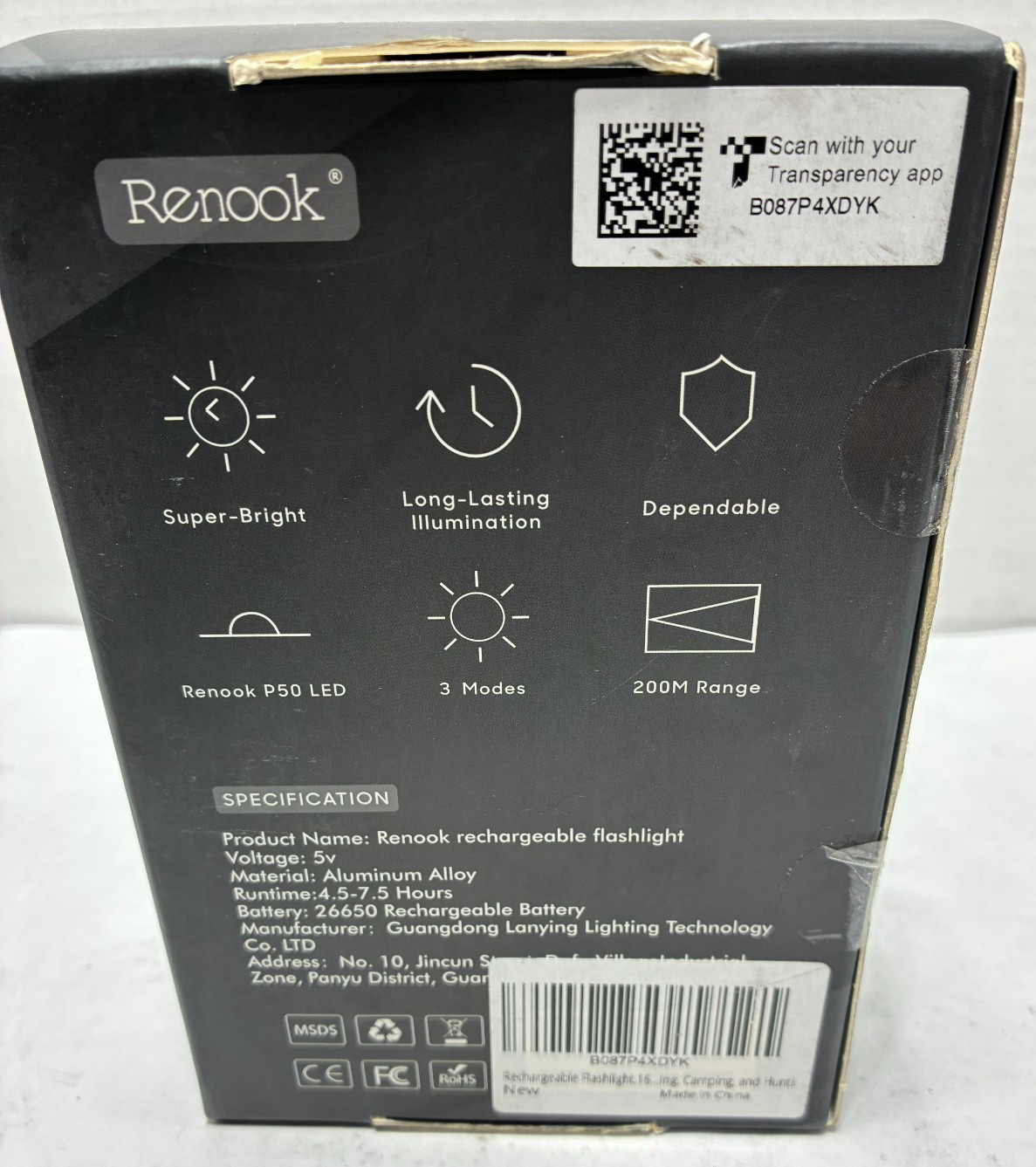 Renook Rechargeable Flashlight 5v P50 LED 3 modes