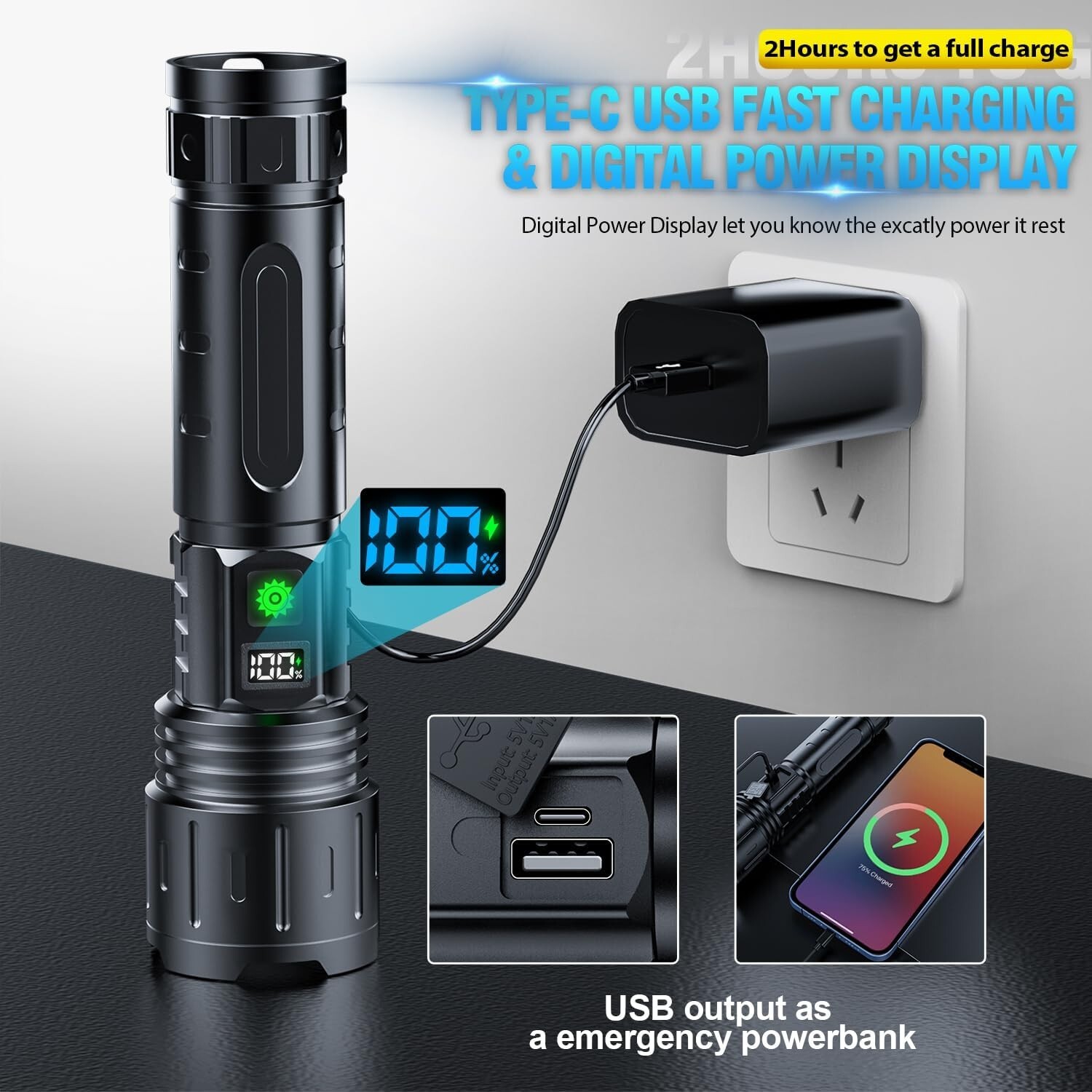 Three-Pack 2000 Lumen Tactical LED Flashlights with USB Charging & Power Display